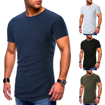 2019 Mænds O-neck T-shirts Sommeren Fitnesscentre t-Shirts Toppe Plaid Design t-shirts Arc Hem Mand Fitness Tøj Drop Shipping