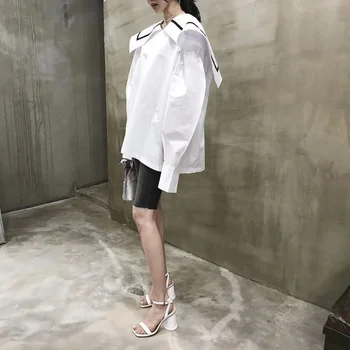 2020 Foråret Efteråret Lang Puff Ærmer Hvid Bluse Matros Krave Looseshirt Korea Stil, Afslappet Kvinder Shirt Toppe