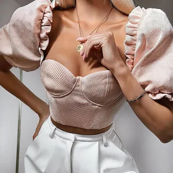 2021 Foråret Kvinder Shirt og Bluse Puff Ærmer Stropløs Off Skulder Crop Tops Casual Streetwear fransk Stil Dame Tøj