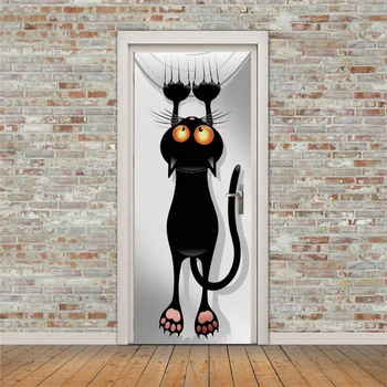 3D kreative Tegnefilm sort kat dør, stickers wall stickers er selvklæbende aftagelig vandtæt