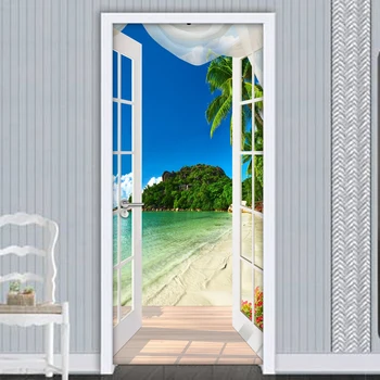 3D-Mærkat Vindue Stranden, Havet Foto Vægmaleri Tapet PVC Selvklæbende Døren Mærkat Stue, Soveværelse tapeter Home Decor