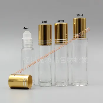 6ml 8ml 10ml 15 ml klart glas flaske med glas roller+gold aluminium(linjer) låg,roll-on/æterisk olie/parfume/deodorant flaske