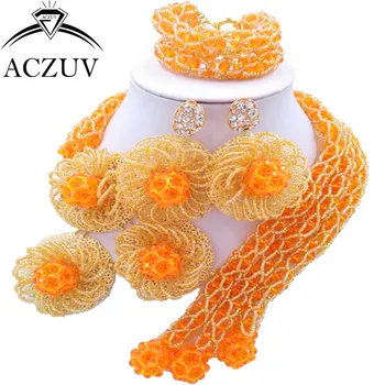 ACZUV Seneste Orange Guld Crystal AB Traditionelle Afrikanske Perler Nigerianske Halskæde Bryllup Smykker Sæt C3F003