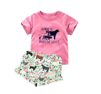 Baby piger sommeren korte sæt sød pink toppe med ko-farm print glasur flæsekanter korte bukser boutique tøj sæt