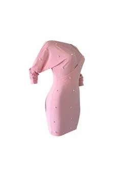 BKLD Lange Ærmer Pearl Perlebesat Jakke Bodycon Kjole Solid Pink Sexet-V-hals-Wrap-Mini Kjole 2018 Kvinder Efteråret Elegant Fest Kjole