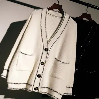 Blank Sort Sweater Pels Kvinders Cardigan Ny koreansk Stil Løs Tyk Linje Sweater Mode