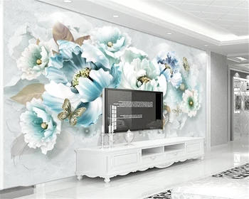 Brugerdefineret Enhver Størrelse 3d Tapet 3D prægede pæon Europæiske retro-TV baggrund Silke Vægmaleri Tapet