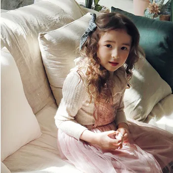 DFXD koreansk Stil 2021 Foråret Efteråret Kids Pige langærmet Prinsesse T-Shirt, Bluse med Blonder Dobbelt Lag Krave af Strik Toppe 2-12Yrs