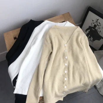 Efteråret Kvinder Cardigans 2020 Mode Slanke Damer Strikket Sweater Med Lange Ærmer Knapper Sweater