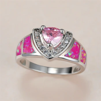Fine Kvindelige Pink Triangle Krystal Ring I Sølv Farve Vielsesringe For Kvinder Luksus Brud Opal Sten Store Engagement Ring