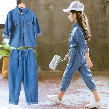 Foråret Denim Kids Tøj Indstille Mode Børn 2stk Passer Solid Blå Jeans Tops+Bukser Teenage Pige Sæt Efteråret Træningsdragt til pige
