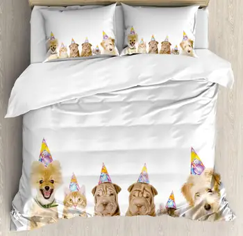 Fødselsdag Duvet Cover Sæt Husly Terrier Hunde Katte med Kegleformede Hatte Part Tema Fødselsdag Billede Print Dekorative 3 dele Seng