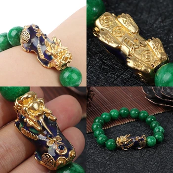 Golden PIXIU Armbånd Til Kvinder, Mænd Grønne Perler Par Armbånd Bringe Heldige Modig Rigdom Feng Shui Armbånd Til Mænd