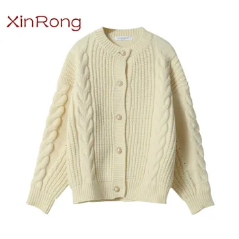 Hamp mønster, rund hals cardigan mode sweater jakke kvindelige 2021 spring ny solid farve vilde løs, varm behagelig sweater