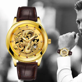 Herre Armbåndsur Vandtæt Guld Dragen Quartz Læder mand ure herre ur med selvlysende skive mandlige ur
