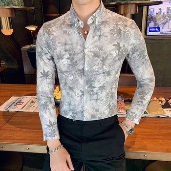 Høj kvalitet mænds blomst shirt S-3XL, mode afslappet langærmet shirts mænd sort grå mandlige Camisa