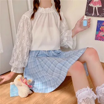 Japansk Lolita Style Søde Kawaii Sæt pigens Tøj Foråret Efteråret Kvinder Passer Hvide Blonder Perlebesat Bluse+Blå Plaid Mini Nederdele