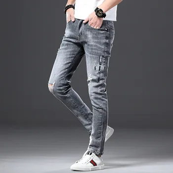 Jeans til Mænd 2019 Nye Mænd Strække Tynd Sektion jeans til Mænd Slanke unge fødder bukser Hul koreanske Casual pants Size 28-34 36