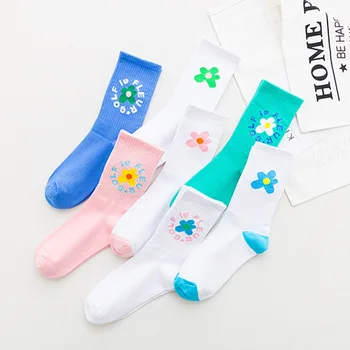 Koreansk Stil Kvindelige Sokker Kreative Åndbar Bomuld Sokker Blomster Mønster Lange Rør Streetwear Sokker