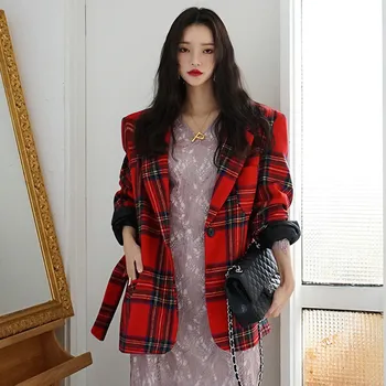 Kvinder Blazer koreanske Smarte Efteråret Retro Plaid Revers, enkelt Knap Bindebånd i Taljen langærmet Rød Jakke Vintage Mode Kvindelige Frakker