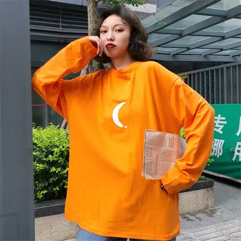 Kvinder Efteråret T-Shirts Med Lange Ærmer Orange Hip Hop Streetwear Top Casual Koreansk Stil Plus Størrelsen Løs T-Shirt Femme