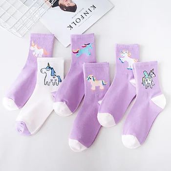 Kvinder unicorn sokker lilla pink animal bomuld hvide sokker søde nyhed sjove dejlige sokker crew sokker i en blød hest mønster meias