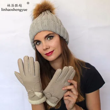 Linhaoshengyue vinteren, varm, Blød og behagelig pels handsker med Bue ping
