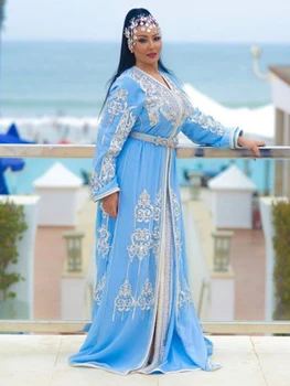 LORIE Himmel Blå Marokkanske KaftanEvening Kjoler Plus Size Elegante Blonder Applqued Beaded arabisk Dubai Muslimske Særlige Lejlighed Kjoler