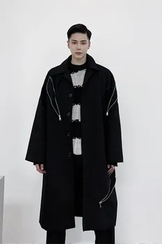 M-XL！2020! Mørke mænd er lang frakke jakke mænds revers multi-lynlås design casual arbejdstøj vindjakke Han Chao.