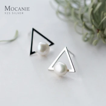 Mocanie Geometriske Trekant Elegante Pearl Stud Øreringe til Kvinder Mode 925 Sterling Sølv Enkelt Øre Pin-OL Style Fine Smykker