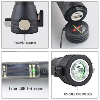 Multifunktionelle Solcelle Lommelygte USB-Genopladelige Lys XPE LED High Power Torch Light For Sikkerhed Camping og Jagt