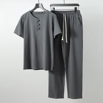 Mænd linned Toppe&t-Shirts sæt plus størrelse M-6xl 7xl 8xl 9XL rund hals T-Shirt, Male t-shirts T-shirt i Kinesisk stil to-dragter