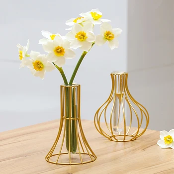 Nordic Style Glas Flower Pot Strygejern Kunst Vase Guld Hængende Reagensglas Blomst Vaser Hjem Dekoration Bryllup Bruser Urtepotter