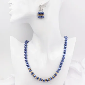 Nye Fashion Statement Kvinder Halskæde Øreringe Smykker Sæt 8mm Glas Perle Simuleret Perler Runde Rhinestone Kæde Sæt 18