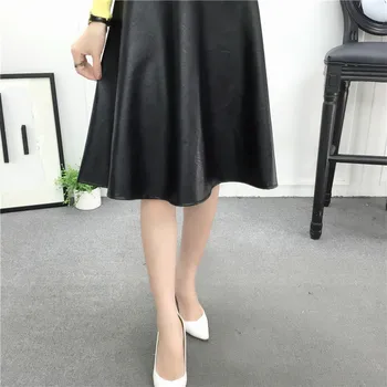 Nye koreanske mid-længde læder nederdel i efteråret og vinteren 2018 retro store nederdel elastisk talje lang nederdel