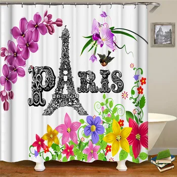 Paris Tower Sommerfugl Print Badeværelse Home Decor Vandtæt Badeforhæng Polyester Stof Badeforhæng