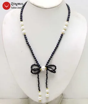 Qingmos Naturlige Perle Halskæde til Kvinder med 5-6mm Hvide Runde Perle & Røde Perler Sløjfeknude Vedhæng & Halskæde 24