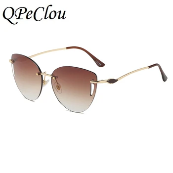 QPeClou 2020 Nye Mode Rammeløse Cat Eye Solbriller Kvinder Vintage Metal Uindfattede Cateye Solbriller Dame Gradient Farve Nuancer