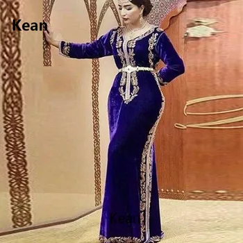Royal Blå Marokkanske Kaftan Muslimske Aften Kjole Havfrue Velour Guld Blonder Islamiske Dubai Kaftan Saudi-Arabisk Aften Kjole Prom