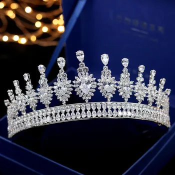 SLBRIDAL Luksus-Classic Top AAA Cubic Zirconia Bryllup Tiara Hovedbøjle CZ Brude Dronning Pageant Princess Royal Crown Kvinder Smykker