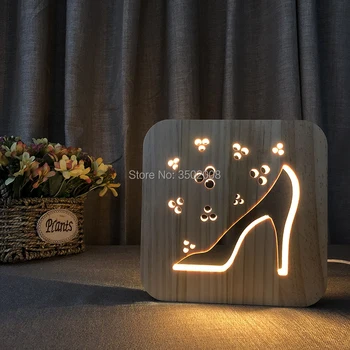 Træ-LED-høje hæle hule design nat, lys, varme USB power bordlampe som kreativ gave eller home hotel club dekoration
