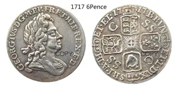 UK 1717/1723 6 Pence SHILLING - GEORGE, jeg BRITISK SØLV MØNT - FLOT Sølv Forgyldt Kopi Mønt