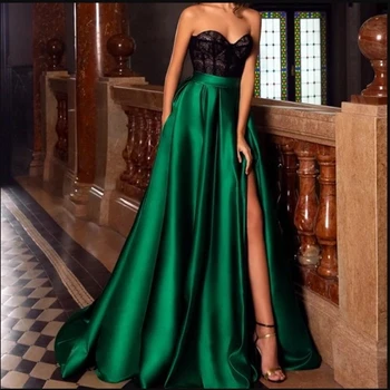 Vestido noiva Elegante Sweetheart Lace Top Emerald Green Aften Kjoler 2020 Split Foran, Satin Lang Formel Kjole Prom Kjoler