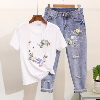 Vintage Jeans Sæt Damer To Delt Sæt I Foråret Sommeren 2020 Ny Blomst Kærlig Trykte T-Shirts + Hul Slidte Jeans Passer Til Kvinder