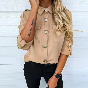 Vintage Long Sleeve Pocket-Shirt Til Kvinder Efteråret Toppe Bluse Turn Down Krave Khaki Hvid Sort Skjorte Mode Kvindelige Blusas