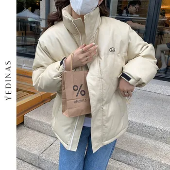 Yedinas Kvinder Solid Oversize Parkacoats Tyk 2020 Vinter Lynlås Lommer Kvindelige Varm Frakke Koreansk Stil Elegante, Høj Krave Jakke