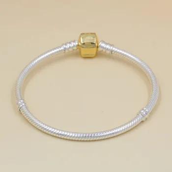Ægte 925 Sterling Sølv, Guld Farve Tønde Lås Grundlæggende Slange pan armbånd Armbånd Passer til Kvinder Perle-Charme DIY Smykker